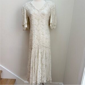 Cache Vintage Beaded Dress Lace Long Formal Evening Gown White Ivory Size Medium